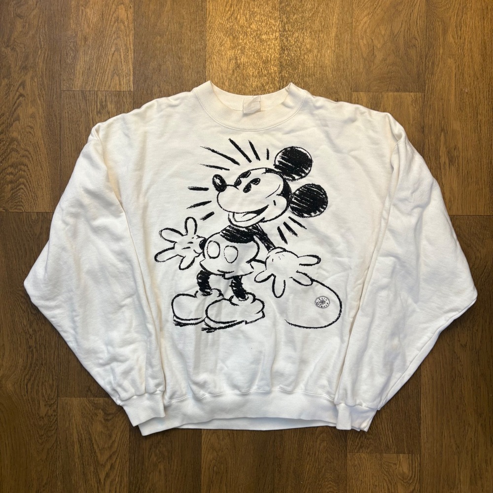 Vintage 1990's Euro Disney Mickey Sketch White Crewneck Pullover Sweatshirt